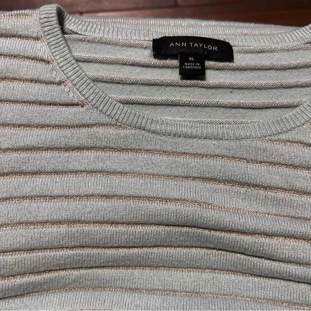 Ann Taylor Crew Neck Sweater XL Teal Silver Shimmer Lightweight‎